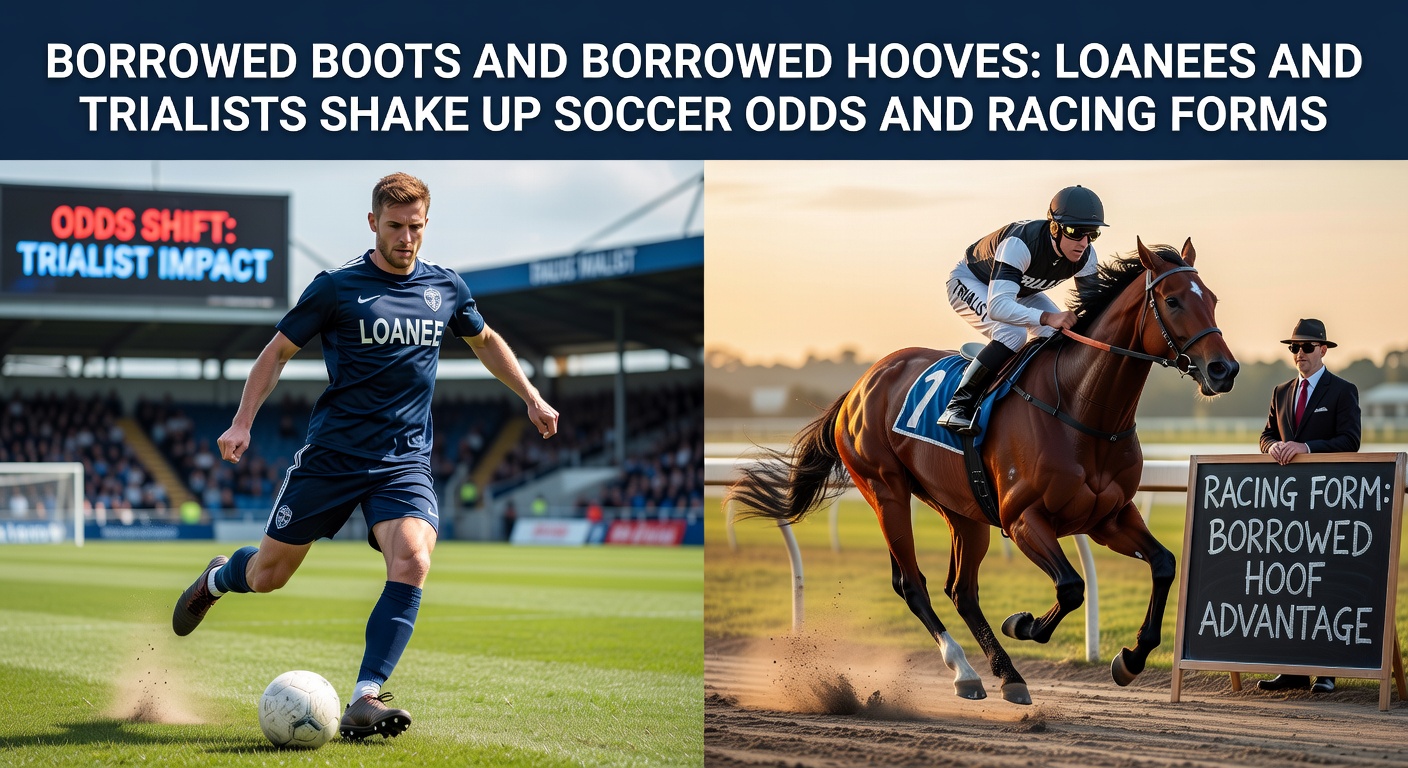 Soccer loanee sprinting down the wing while a horse thunders past the post in a tight racing finish, highlighting temporary talent's impact on odds