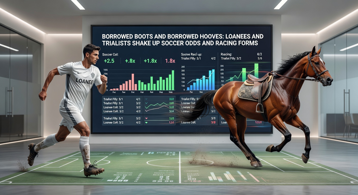 Horse in barrier trial galloping fiercely as a trialist soccer player shields the ball, capturing the thrill of unproven talent in both sports