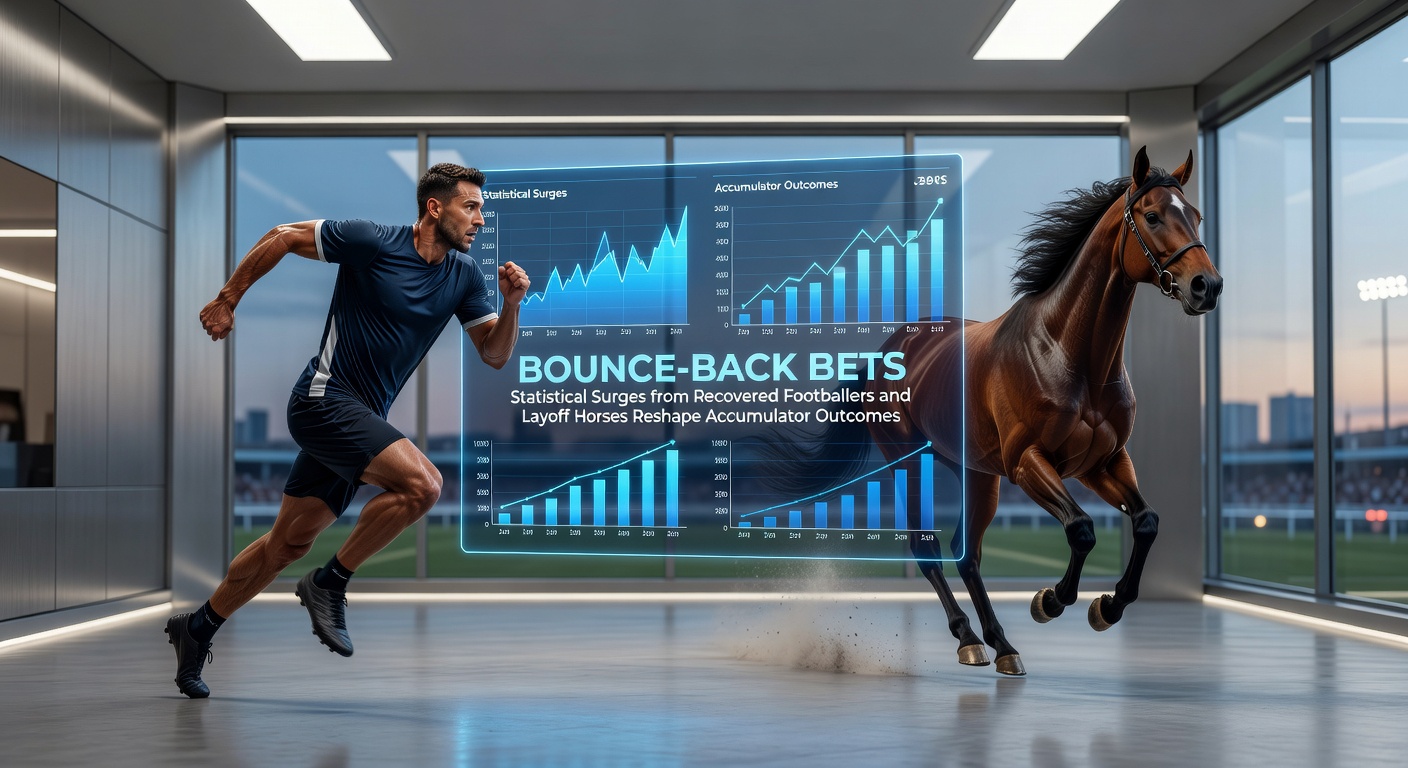 A footballer sprinting back onto the pitch after recovery, alongside a horse galloping post-layoff, highlighting bounce-back momentum in sports betting