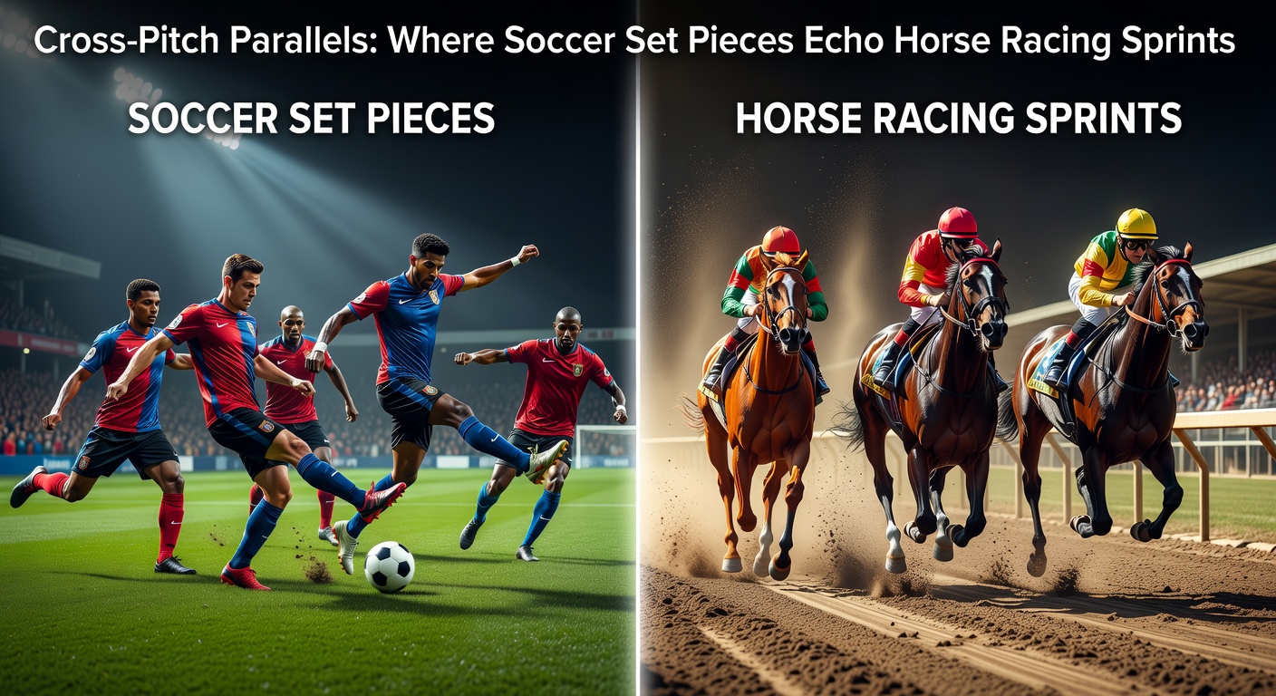 A dynamic split-image showing a soccer player striking a free kick curving toward the goal while a horse thunders down the final furlong in a sprint race, highlighting explosive action in both sports
