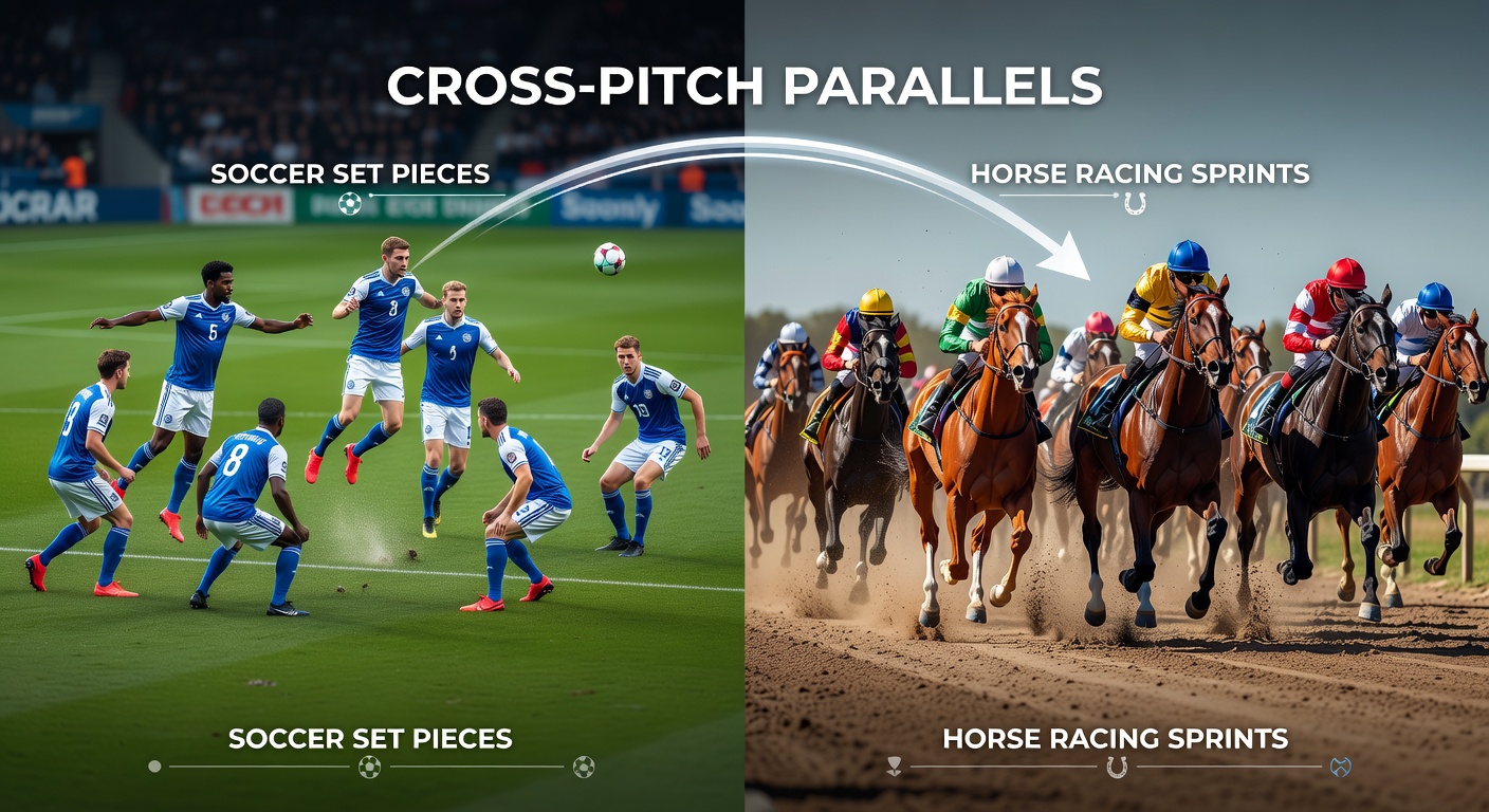 Close-up comparison of a soccer team's set-piece huddle during a match and a jockey conferring with trainers before a sprint race, emphasizing strategic planning