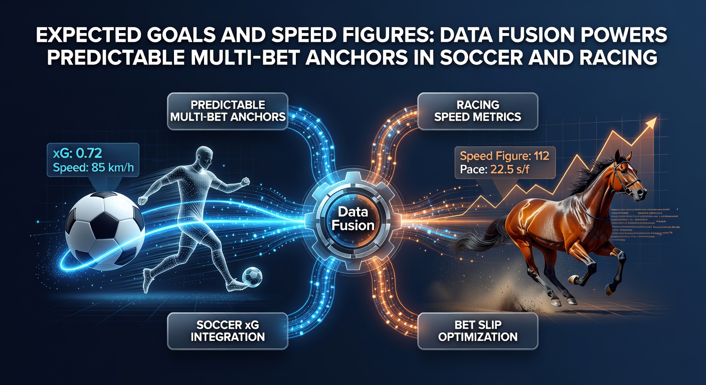Visualization of expected goals heatmap overlaid on a soccer pitch alongside a horse racing speed figure chart, illustrating data fusion in betting models