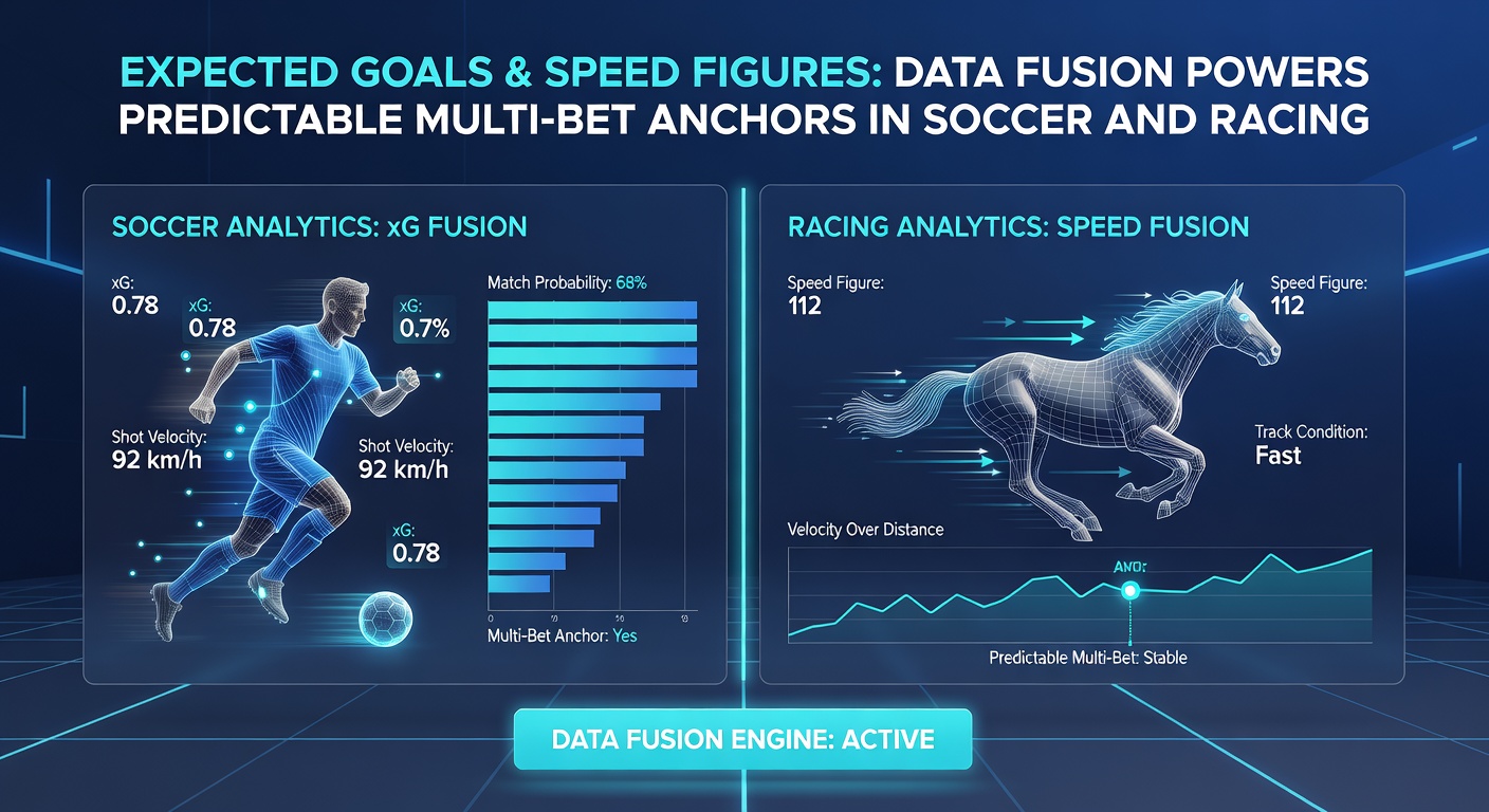Split-screen analysis showing soccer xG probability graphs next to horse racing speed figure trends, demonstrating cross-sport data integration for betting parlays
