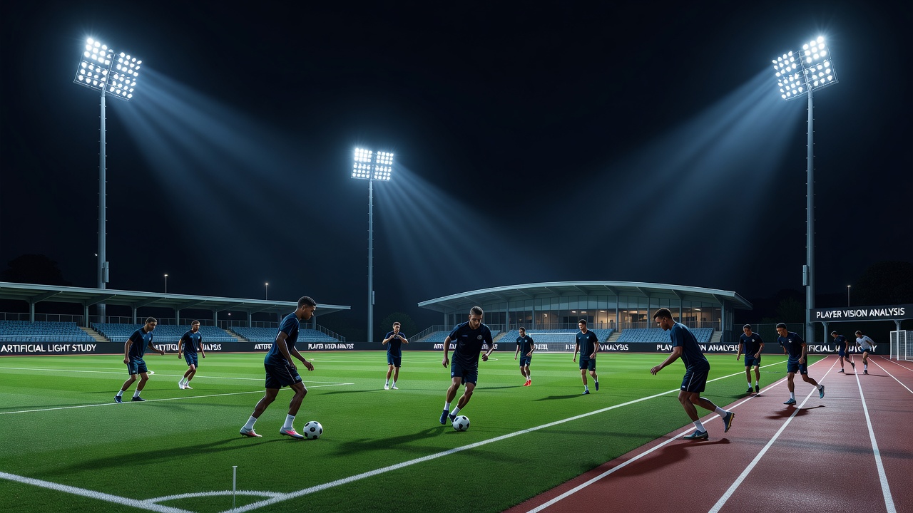 Illuminated horse racing track at night showing horses and jockeys under floodlights during an evening meeting