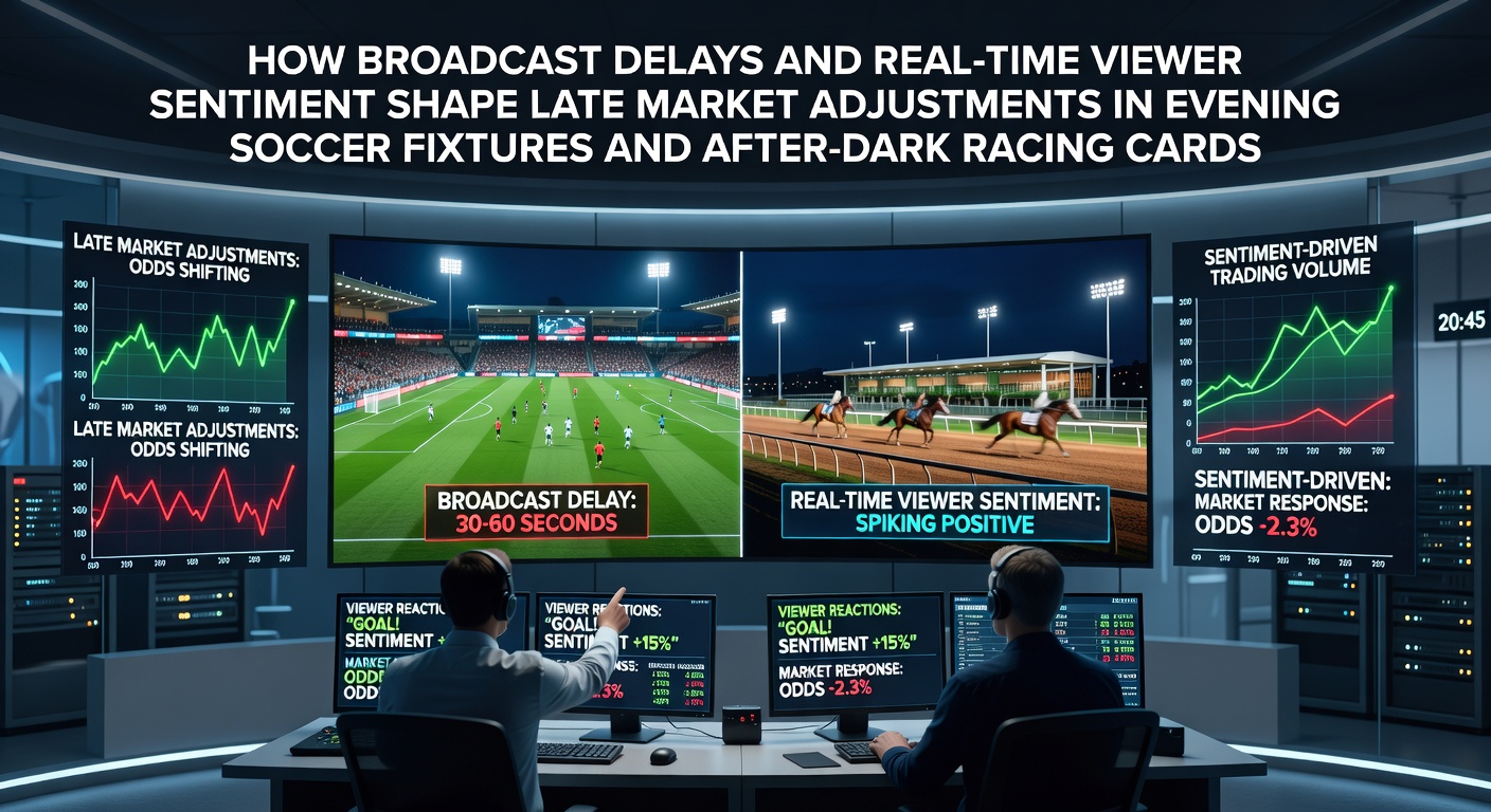 Live broadcast control room monitoring soccer match feeds and real-time betting data streams during evening fixtures