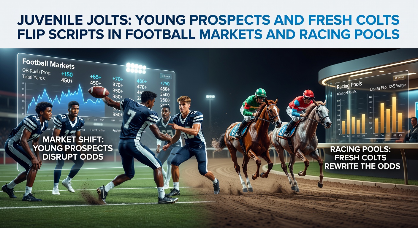 A young soccer prospect celebrating a goal alongside a fresh colt charging down the racetrack, capturing the thrill of unexpected breakthroughs in both sports