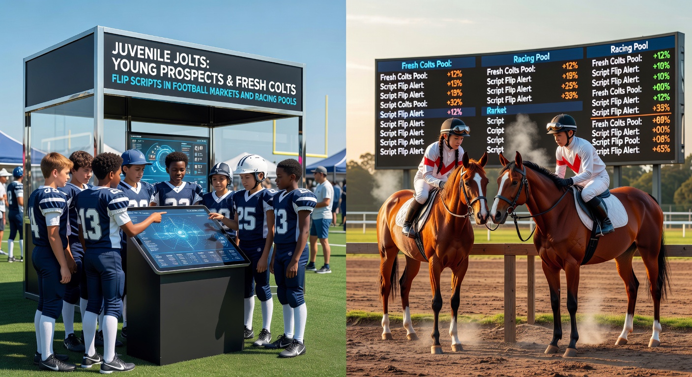 Fresh colts battling in a juvenile stakes race, with a young football player in training gear superimposed, highlighting parallels in youthful disruption