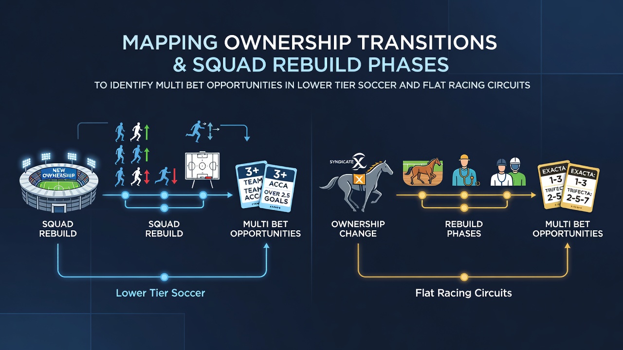Data visualization showing ownership transition timelines overlaid with performance metrics in lower-tier soccer leagues and flat racing circuits