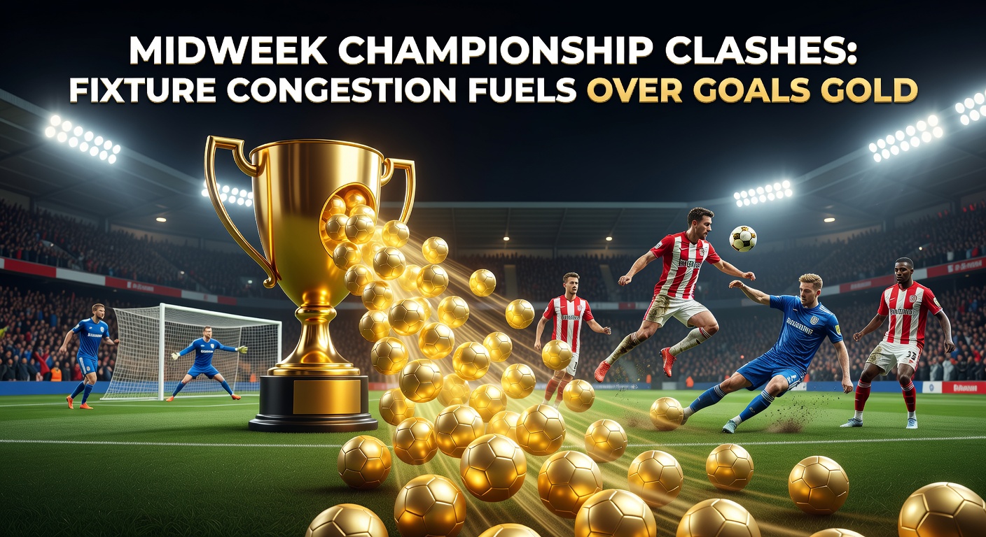 EFL Championship players in action during a high-intensity midweek match under floodlights, highlighting the packed schedule and goal-scoring opportunities