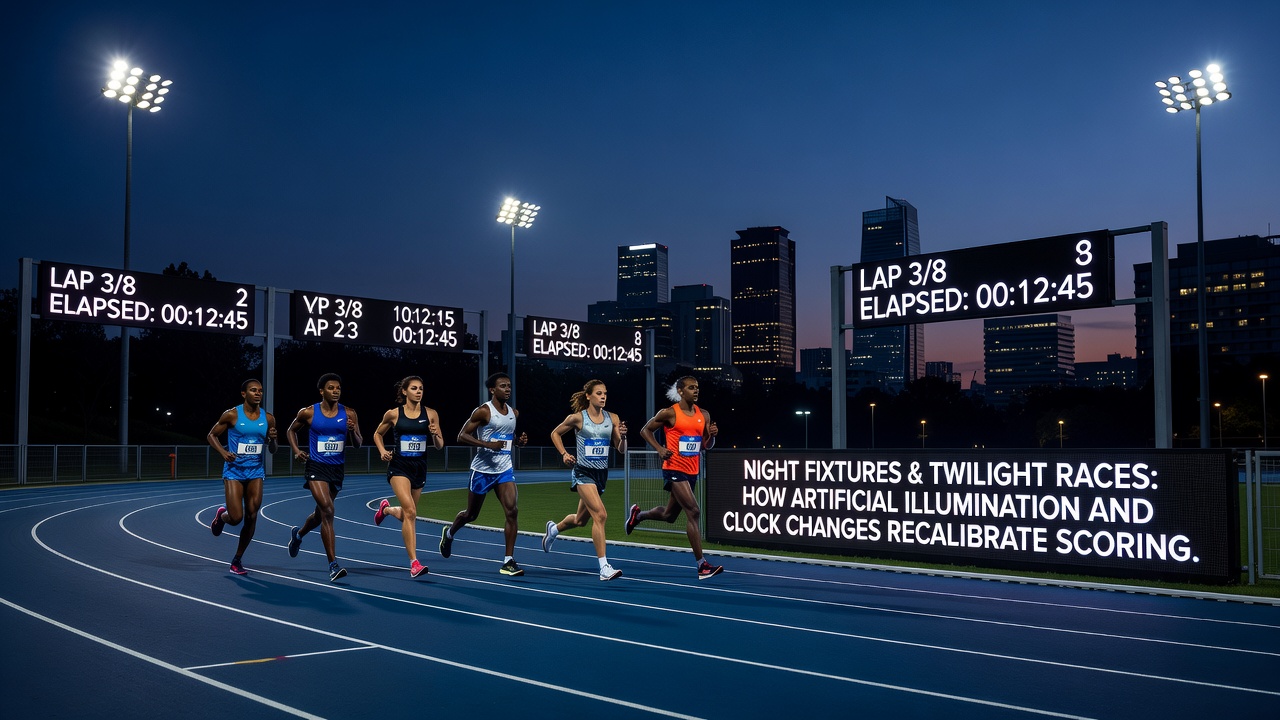 Twilight conditions at a racetrack with horses approaching the finish line under mixed natural and artificial lighting