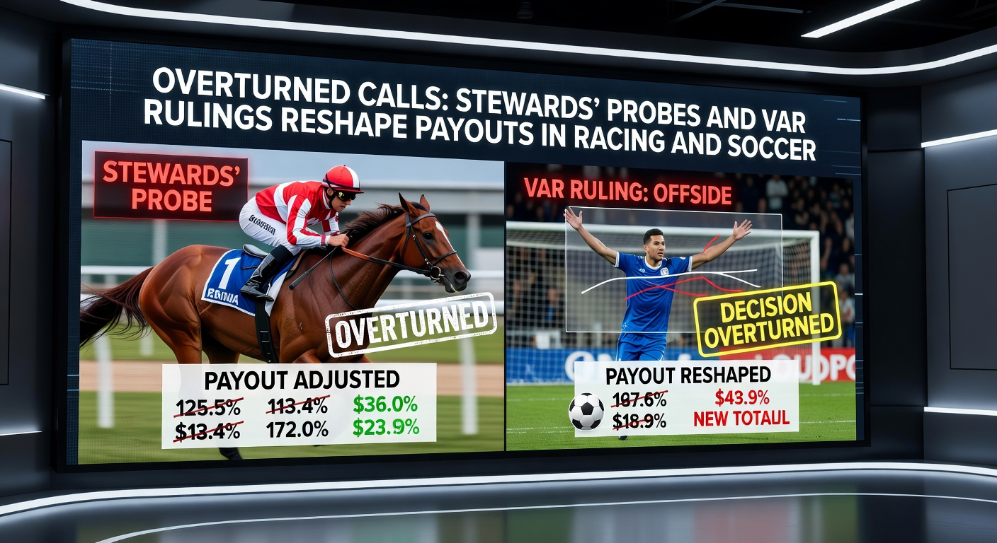 Stewards reviewing a close horse race finish while VAR officials scrutinize a soccer foul on monitors