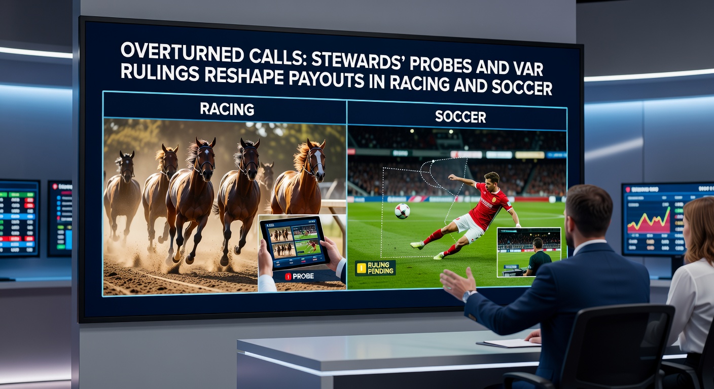 VAR room operators debating a soccer penalty review alongside racing stewards examining patrol films