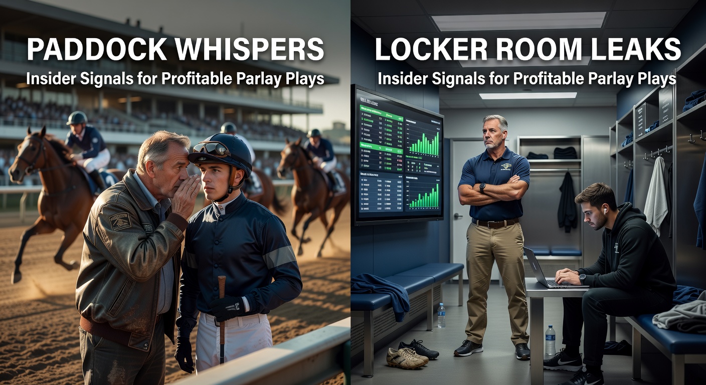 Trainer leaning close to horse in sunny paddock, subtle signals exchanged amid betting crowds