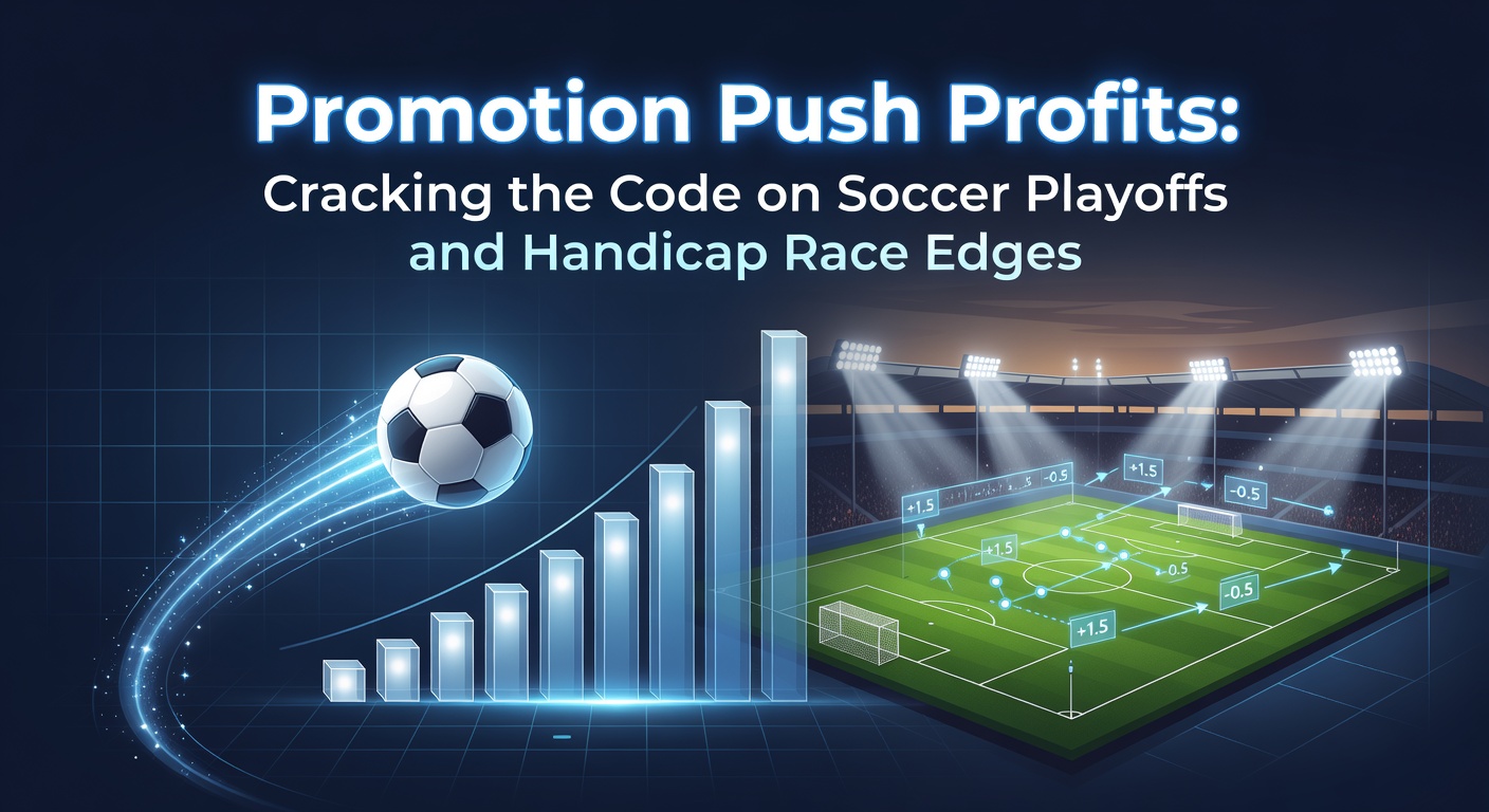 Soccer players celebrating a promotion playoff goal alongside a horse crossing the finish line in a tight handicap race, highlighting high-stakes betting moments