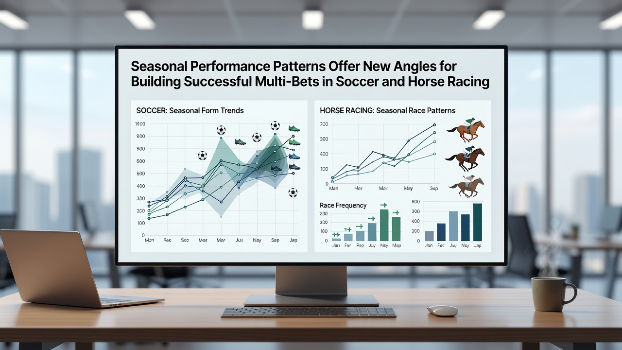 Detailed graphs comparing monthly win percentages in soccer leagues and seasonal peaks in thoroughbred racing