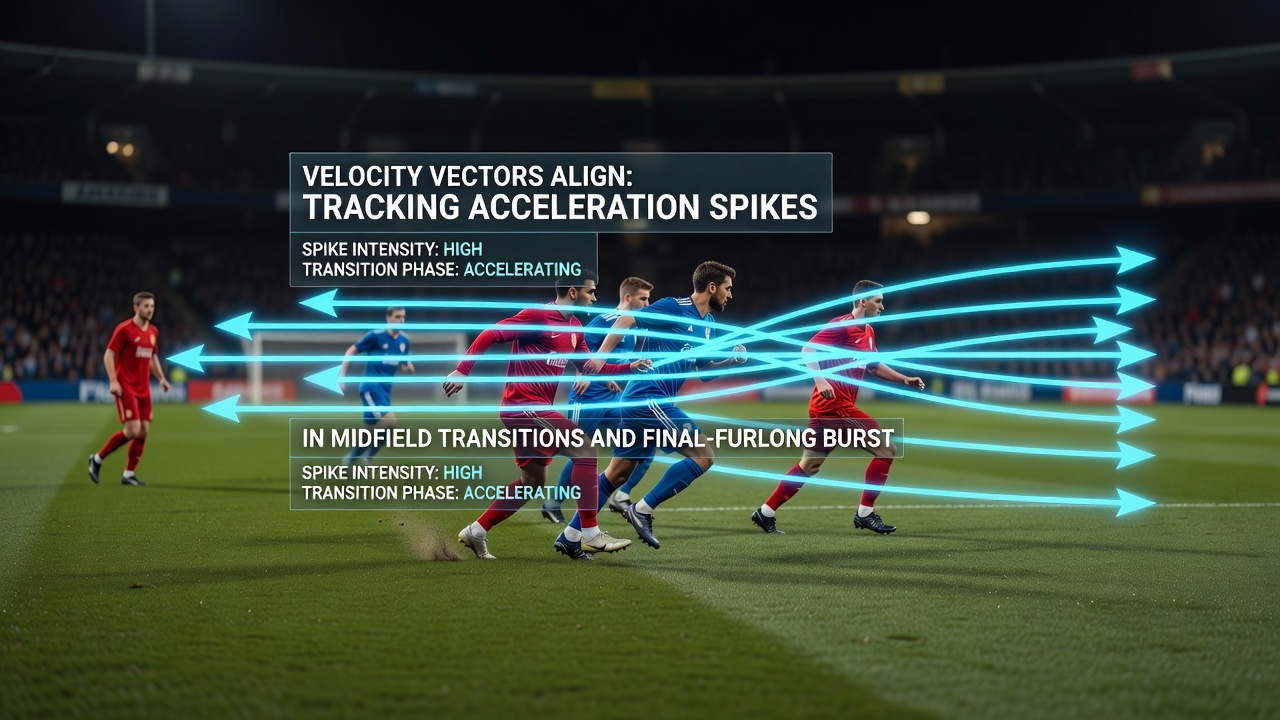 Overlay graphic comparing acceleration curves from a soccer midfield transition sequence and a thoroughbred final-furlong burst