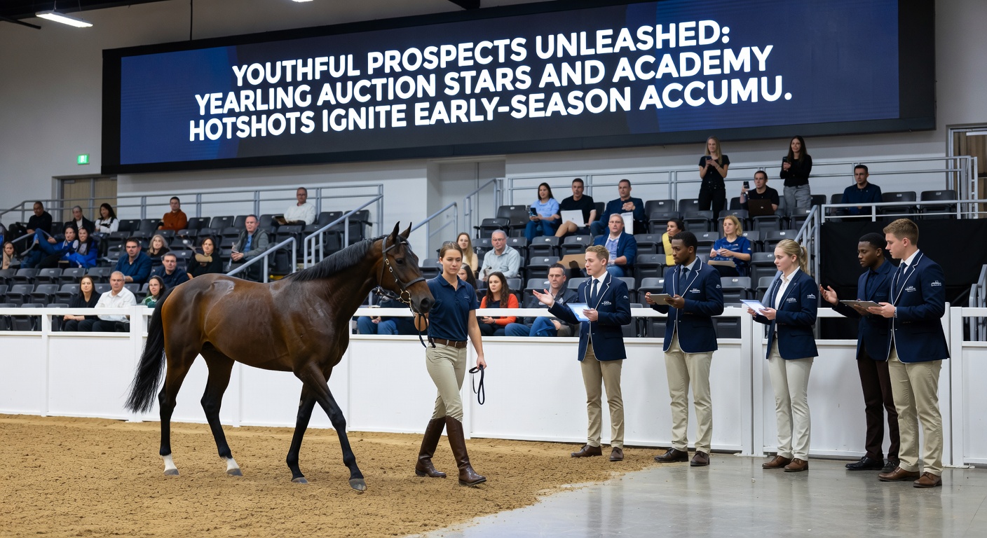 An academy graduate celebrating a goal in an early-season EFL match, with a yearling horse in the background symbolizing parallel youthful breakthroughs in racing